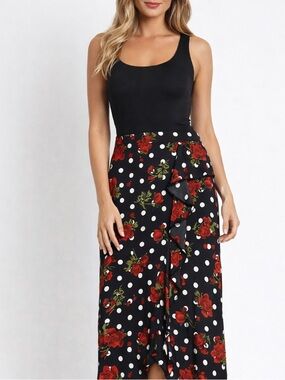 ZARA Flamenco Black/White Dot Red Roses Ruffle Skirt NWT